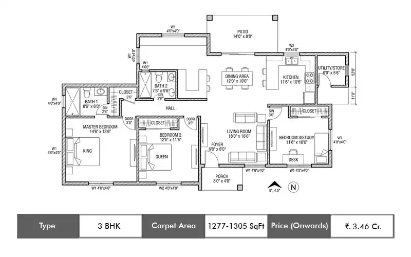 Shree Venkatesh Laurel 3 BHK floor plan, 1277 sq ft carpet area